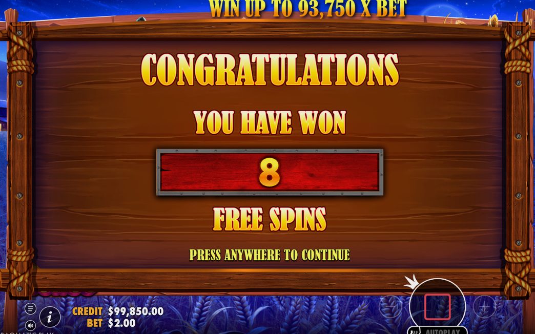 Mode Free Spins, sur la grille 6x4 du jeu